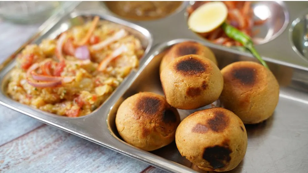 Bihari Litti Chokha served on a steel thali